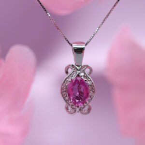 9ct White Solid Gold 20" Dainty Curb Chain Pink Crystal Pendant