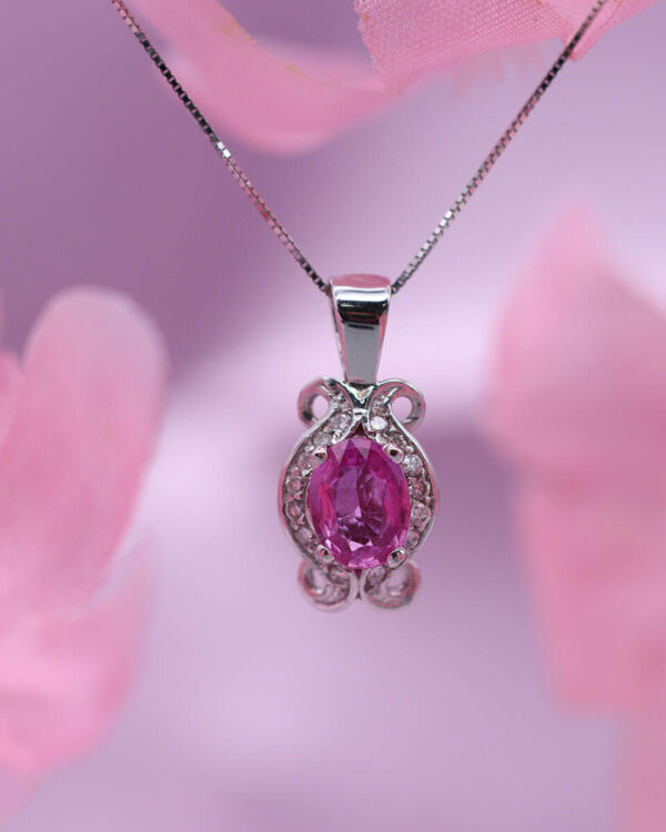 9ct White Solid Gold 20" Dainty Curb Chain Pink Crystal Pendant