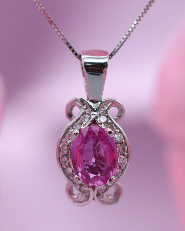 9ct White Solid Gold 20" Dainty Curb Chain Pink Crystal Pendant - Image 2