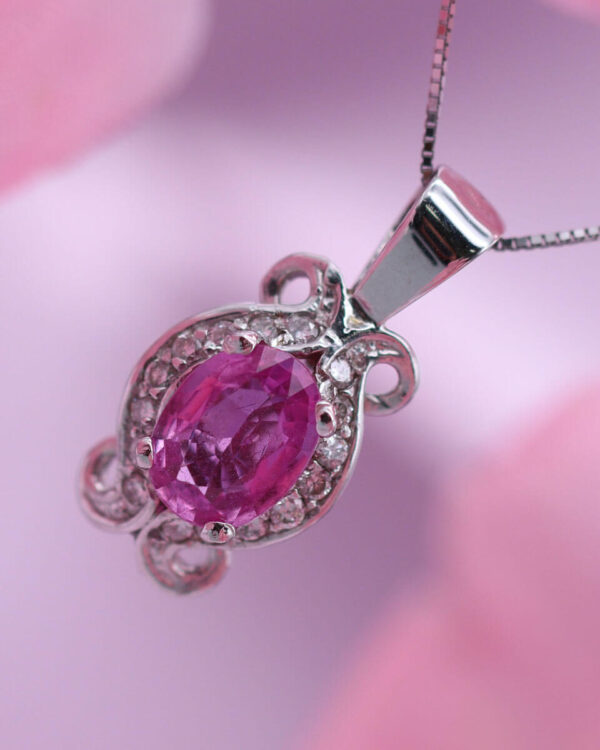 9ct White Solid Gold 20" Dainty Curb Chain Pink Crystal Pendant - Image 3